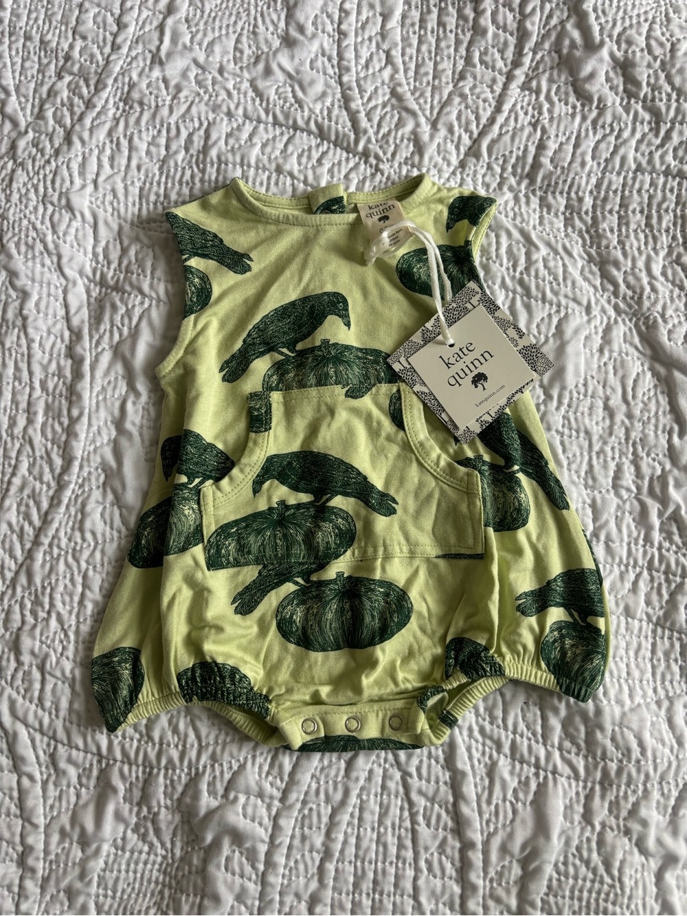 kate quinn Light Green and Dark Green Crow Pumpkin Baby Romper